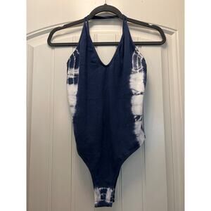 Topshop Women’s Sleeveless Scoop Neck Tie Dye Halter Bodysuit Sz 8 Blue White